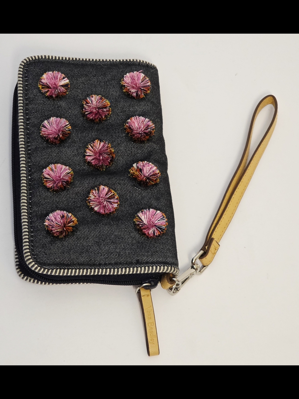 Vera Bradley RFID Grab & Go Wristlet Wallet - Denim with Pink Pom Poms